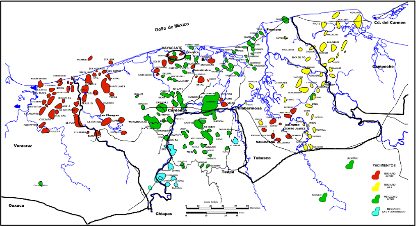 Mapa de yacimientos de la Región Sur con la ubicación de Mayacaste, Tabasco